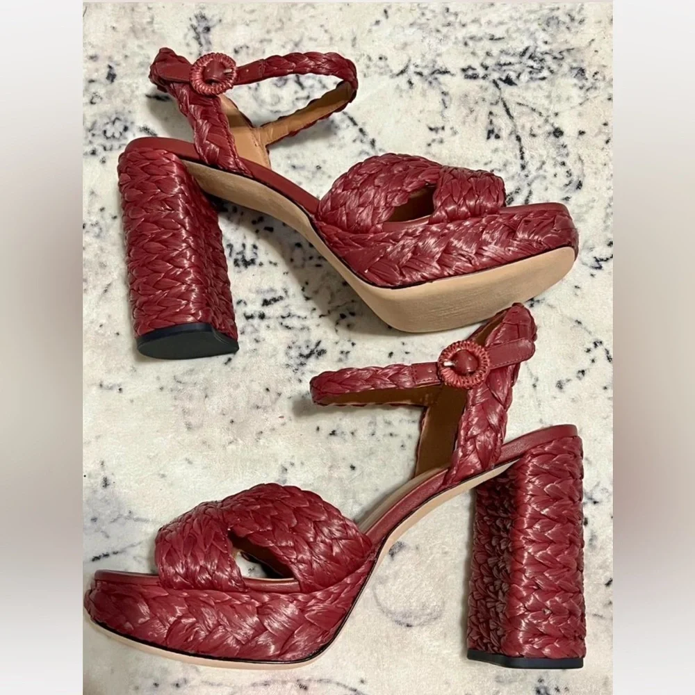NEW Kate Spade Disco Braided Raffia Platform Sandals - Pinot Noir Red 9 Defaced